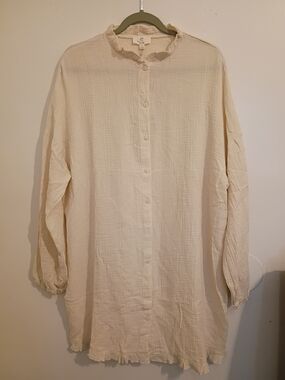 p‎ cill Women's Cream Button-Up Gauze Mini Dress with Ruffle Collar Sz L